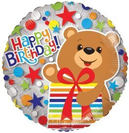2/Шар Ф 18" Круг HAPPY BIRTHDAY (медведь с подарком) 45 см